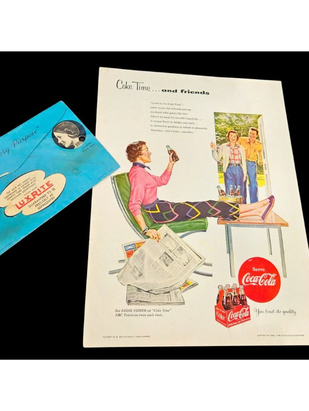 Vintage 1954 Women's Instant Collection Lot Kotex Coca-Cola Ad Luxrite Hairnet